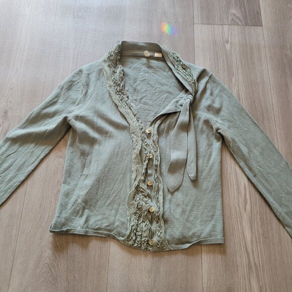 Moth Sage Green Button-Up Cardigan With Ruffle Trim & Tie Detail Womens S Cotton - Picture 2 of 8